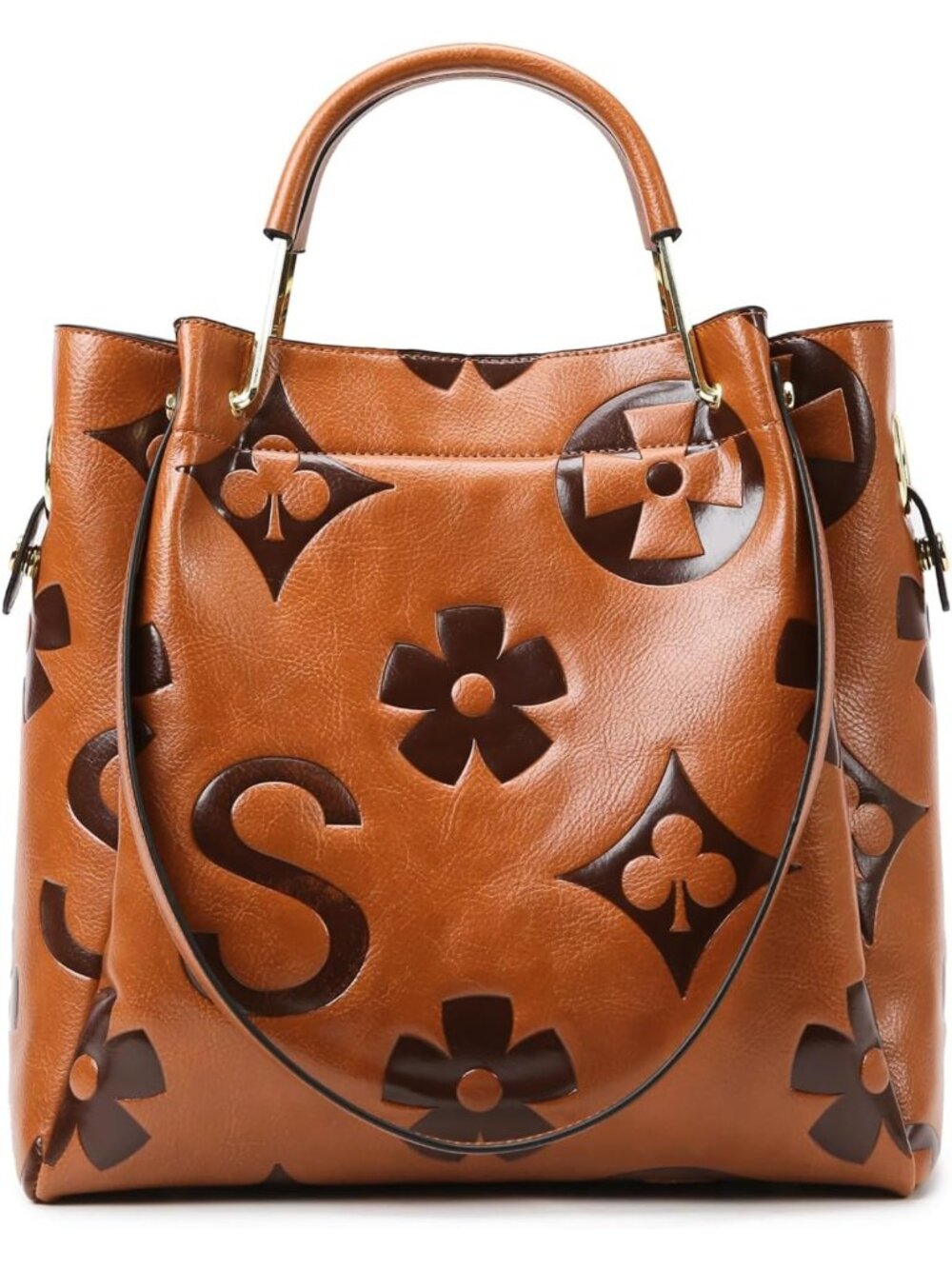 Floral Embossed Vegan Leather Handbag Set - Large Shoulder & Bucket Tote for